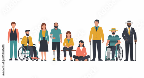 Diverse group of people including individuals with disabilities standing and sitting together.