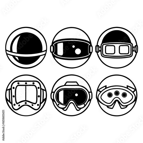 Set of virtual reality headset icons isolated on white background in a minimalist line drawing style
