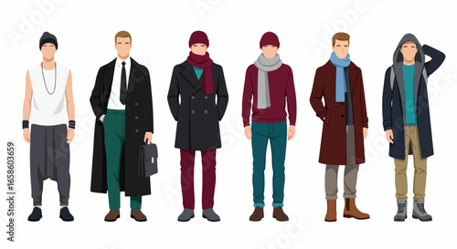 Group of Stylish Men in Winter Fashion Outfits.