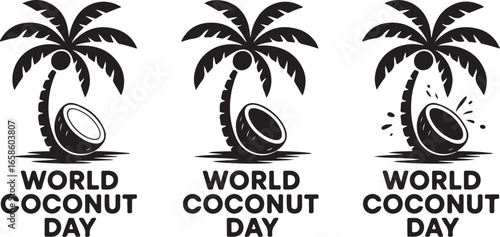 Black and white illustration featuring a palm tree and coconut with the text World Coconut Day