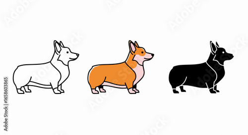 Three Corgi Dogs - Outline, Orange, and Black Silhouette.