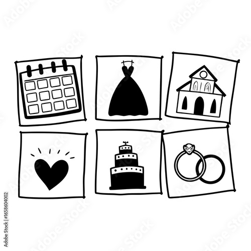 Wedding icons in square frames isolated on white background, including dress, church, rings, calendar, and cake