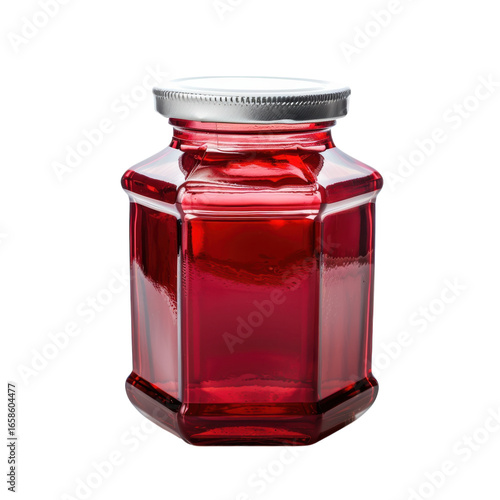Red liquid in a glass jar with a silver lid, food and drink