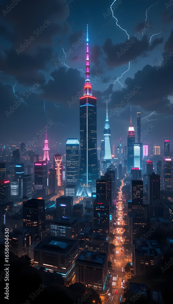 Obraz premium Glowing City Skyline at Night: Futuristic Urban Landscape