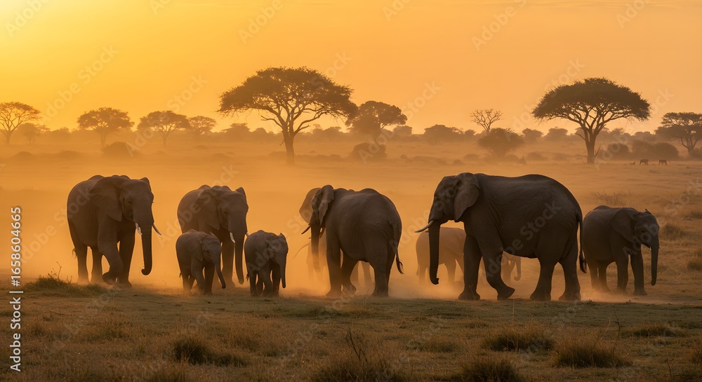 Fototapeta premium Elephants walking across savanna at sunset