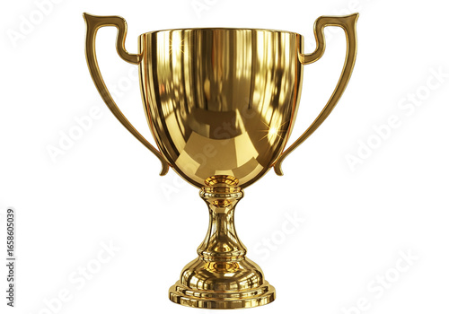 PNG of golden trophy cup with shiny metallic reflections, isolated on transparent background. Realistic award symbol for design, sports, and achievement projects