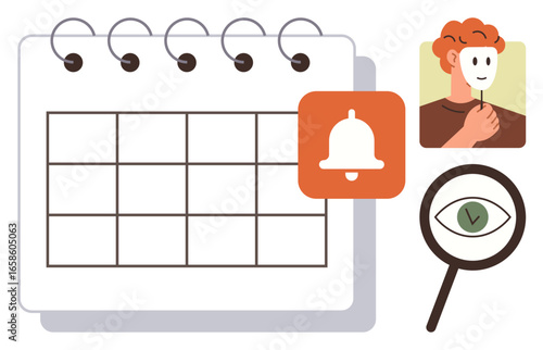 Ring-bound grid calendar, reminder bell icon, person holding mask, and magnifying glass symbolizing organization, scheduling, personal identity, focus, productivity, task management and privacy in