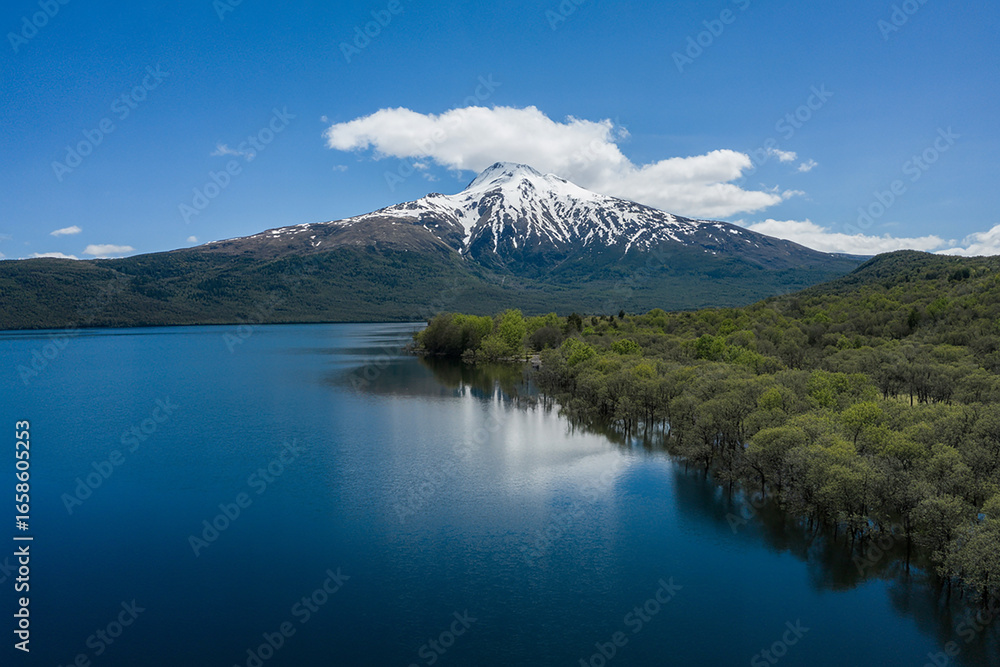 Obraz premium Scenic Aerial View of a Snow Capped Mountain Beside a Tranquil Lake