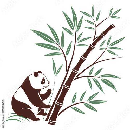 Illustration of a panda bear sitting next to a bamboo tree