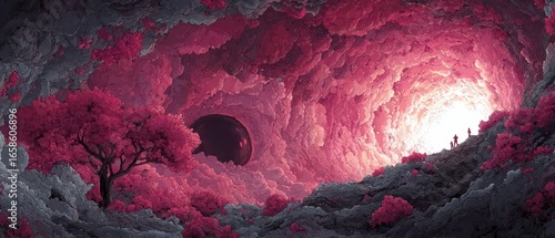 Fototapeta Naklejka Na Ścianę i Meble -  Journey through a surreal pink landscape at dusk