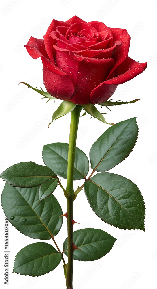 Naklejka premium PNG of realistic red rose with stem and green leaves, detailed petals and shading, isolated on transparent background for design and decoration use