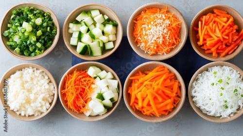 Wallpaper Mural Freshly Prepared Ingredients: An overhead view presents an assortment of meticulously prepared vegetables in individual wooden bowls. Torontodigital.ca