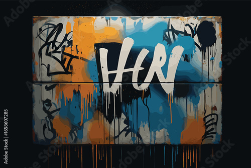 A colorful poster with four silhouettes of people running. The poster is titled "Run". The poster has a graffiti-like style and he is a part of a larger piece of artwork