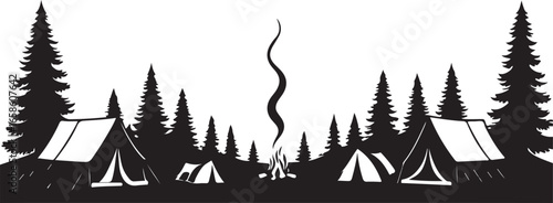 Black silhouette of a forest campsite with tents and a campfire camping trees