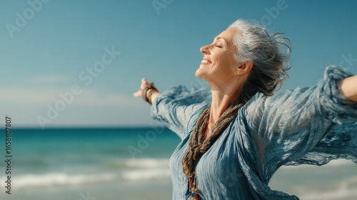 happy mature woman with arms outstretched feeling the breeze at beach beautiful middle aged woman with arms up dancing on beach mid lady feeling good and enjoying freedom at sea copy space no logos n