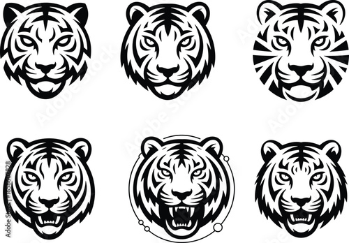 Tiger head vector icons, fierce wild animal face, tribal style tiger illustration, roaring predator clipart, black and white tiger design elements