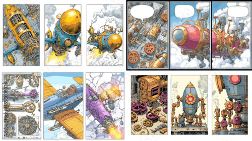 Comic-style steampunk rockets and airships illustrated in vintage mechanical detail. Retro sci-fi adventure artwork with gears, engines, and whimsical fantasy.