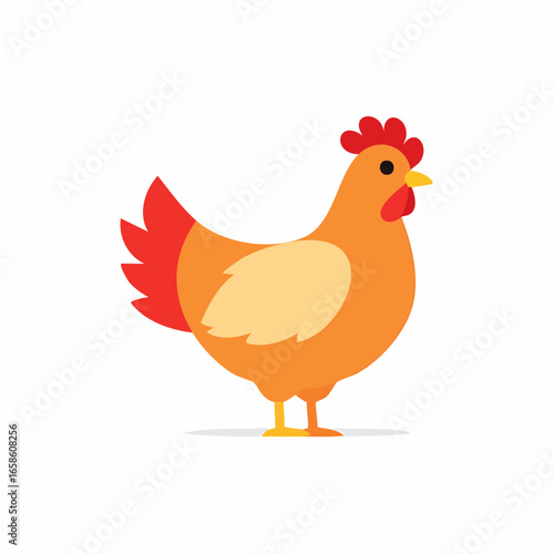 Orange Cartoon Hen with Red Comb and Yellow Beak Stands Sideways on Plain Background