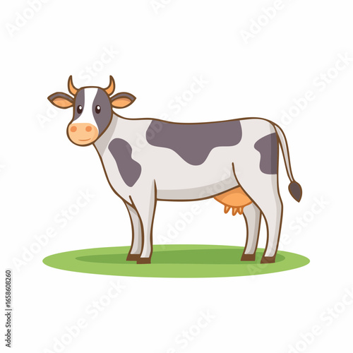 Cute cartoon dairy cow illustration standing on green grass with black spots and prominent udder