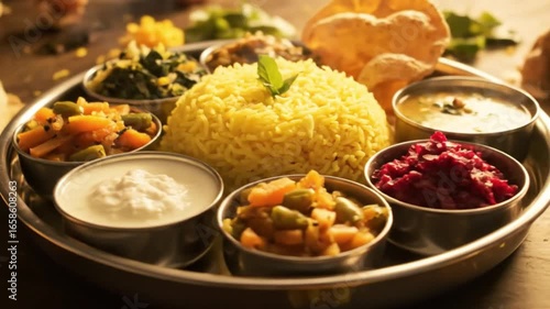 Traditional indian thali platter featuring rice curries and various vegetarian dishes