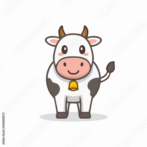 Smiling cartoon cow vector illustration with a golden bell friendly farm animal character