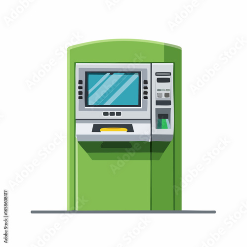 Green Automated Teller Machine for Banking Transactions Cash Withdrawal and Financial Services Vector Illustration