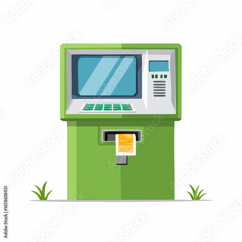 Green automated teller machine dispensing a financial receipt with keypad and screen