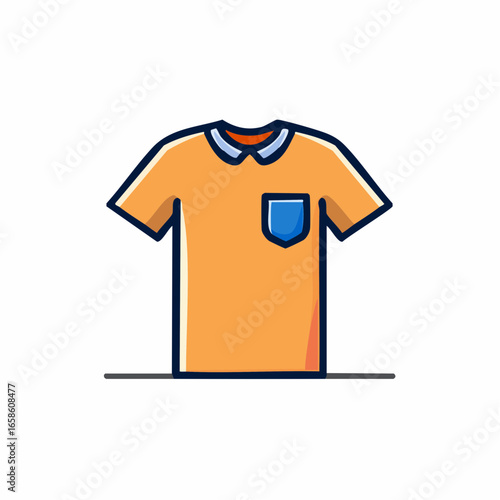 Bright orange polo shirt with a blue chest pocket and collar displayed front view