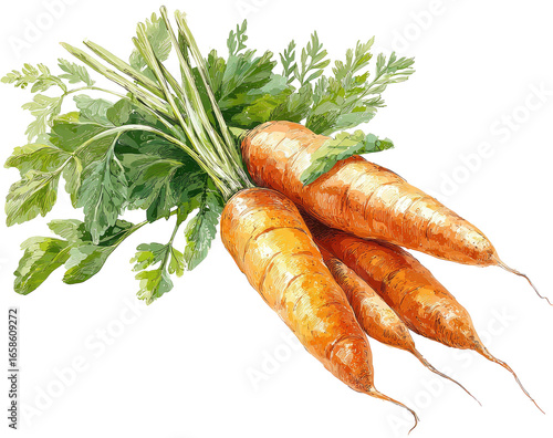 Fresh carrots with leaves.  Group of orange carrots nestled together, topped with vibrant green leaves.  Detailed illustration evokes a sense of freshness and harvest