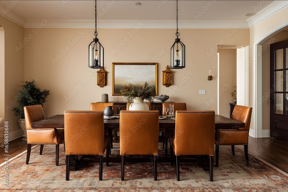 Fototapeta premium Americanstyle dining room interior design with warm ambient lighting elegant wooden dining table with brown leathertrimmed chairs beige walls vintagestyle pend.