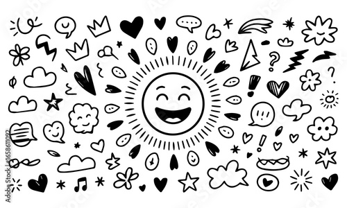 Cute line sketch star, arrow, heart decoration element icon set. Hand drawn sketch doodle cute star, emphasis, flower element. Pen line text decoration shape icon. Hand drawn vector illustration. 