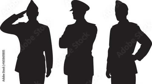 Set of soldier officer silhouette on white background