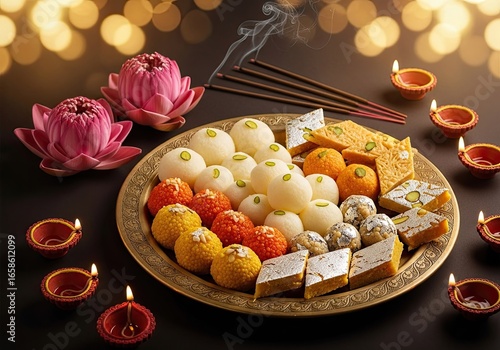 Photo of festive diwali sweets arrangement with diya candles, incense sticks, and lotus flowers on a bokeh background, perfect for celebrating the festival of lights