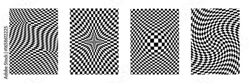 Set of optical illusion checker textile with squiggle shapes and curvy distortion. Deep black and white perspective for race themes, handdrawn fashion patterns, digital wallpaper. Vector illustration