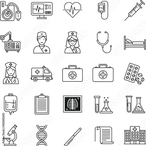 Healthcare icons, medical equipment, doctor, nurse, hospital, ambulance, syringe, stethoscope, medication, X-ray, microscope, DNA, medical tools, outline vector set