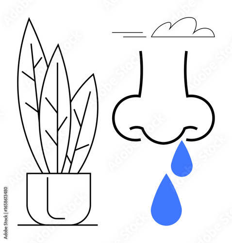 Nose dripping with blue drops near potted leafy plant, representing allergies and sensitivity to environment. Ideal for health, allergy awareness, respiratory care, environment, nature, seasonal