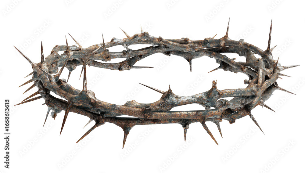 Obraz premium Detailed close-up of a crown of thorns, showing intricate, spiky design. The thorns appear aged, with a muted brown and rusty color, against a black background