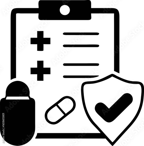 Iconic Representation of Healthcare and Protection A Visual Depiction of Medical Records, Pills, and an Emblem of Security, Symbolizing Health Insurance and Medical Support