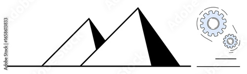 Two geometric pyramids combined with interconnected gears signify the blend of ancient architecture and modern innovation. Ideal for industry, progress, technology, history, innovation, engineering