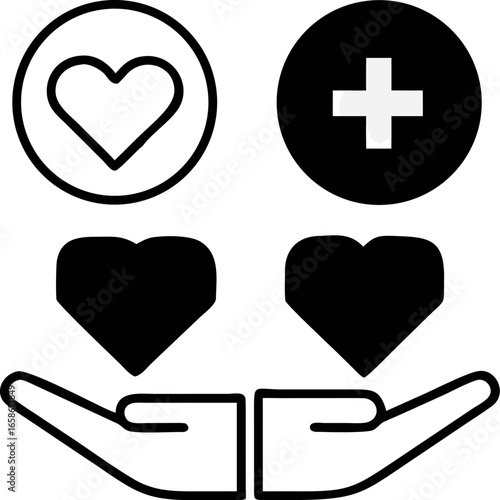 Caring Hands Offering Health and Life Support Vector Graphic Icon Set Illustrating Medical Aid, Charity, and Community Well-being for Digital and Print Design Projects