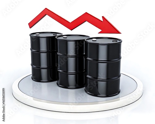 Black Oil Barrels with Red Downward Arrow – Symbol of Falling Oil Prices and Market Decline.
