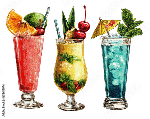Three vibrant tropical cocktails in tall glasses