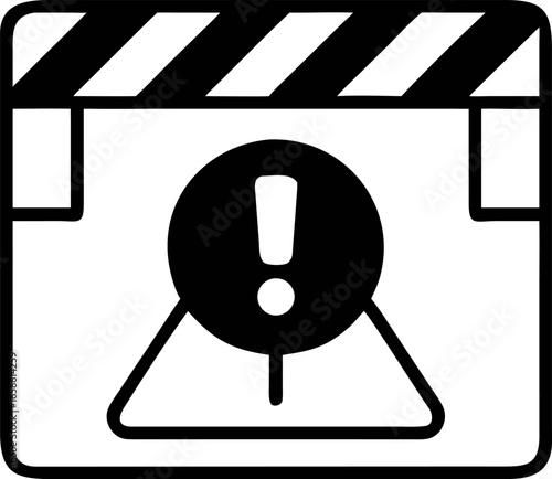 Cautionary Vector Exclamation Point Symbol on Triangle Warning Sign with Striped Barrier Icon - Risk Awareness and Safety Graphic
