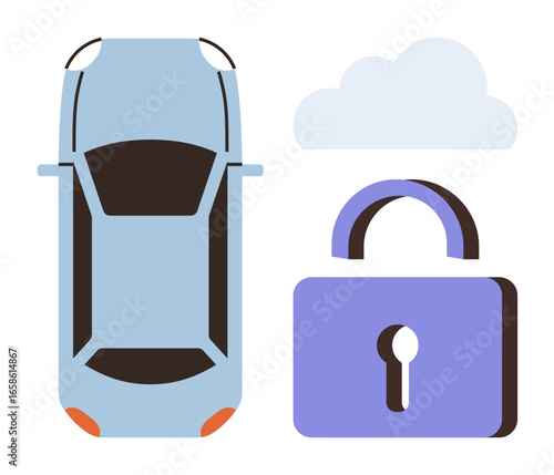 Blue car top view with a padlock and cloud icon representing safety, data security, and cloud technology. Ideal for vehicle tracking, smart systems, digital locks, cloud storage, data encryption