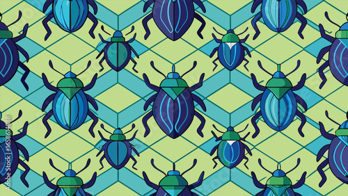 Seamless Geometric Scarab Beetle Pattern in Blue and Green