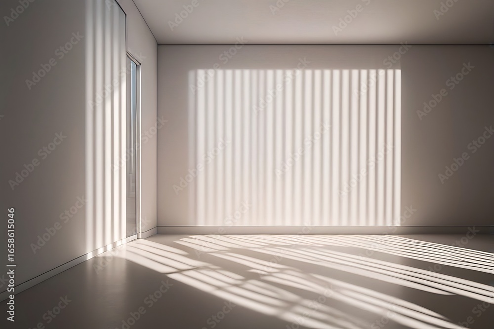 Fototapeta premium Bright and empty interior with white walls, window, and a light wooden floor.