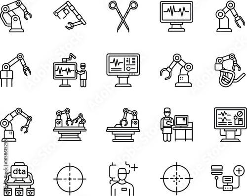 Medical robotics icons, robotic surgery, healthcare technology, surgical automation, AI in medicine, hospital innovation, robotic arms, digital health monitoring, precision surgery, outline vector set