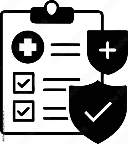 Health Insurance Security Shield Icon Representing Safety and Protection in Medical Coverage with Checkmarks and a Plus Sign, Symbolizing Trust and Assurance in Healthcare Services