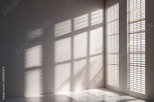 Light fills the empty room, casting a soft glow on the wood floor and white walls framed by a large window.