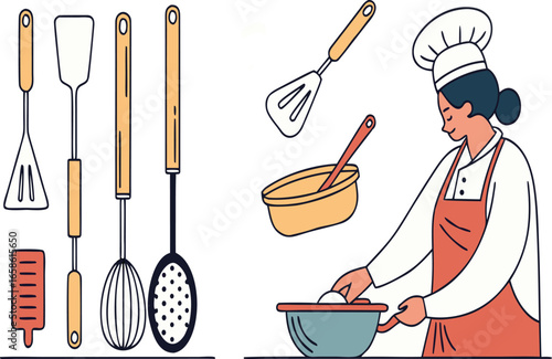 Collection of kitchen utensils and cooking tools vector illustrations